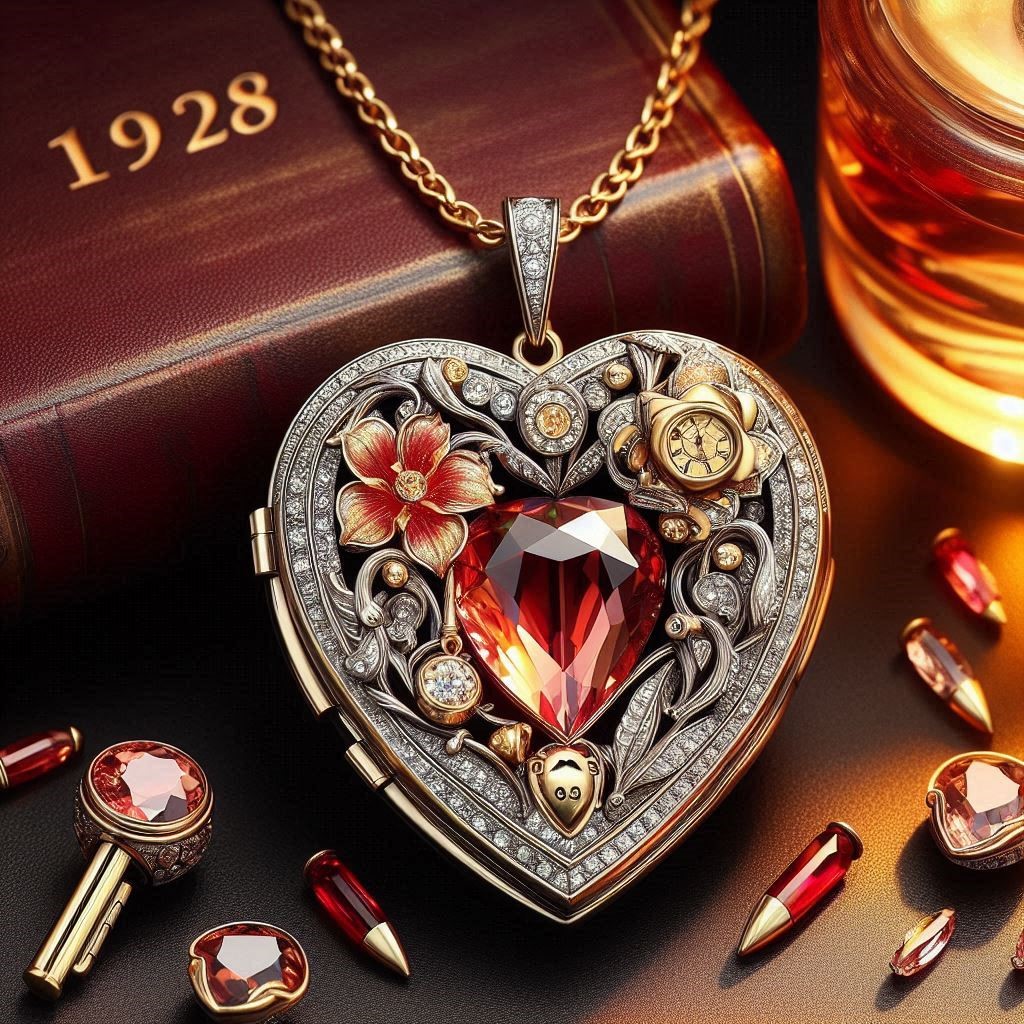 1928 jewelry necklace with heart locket crystal