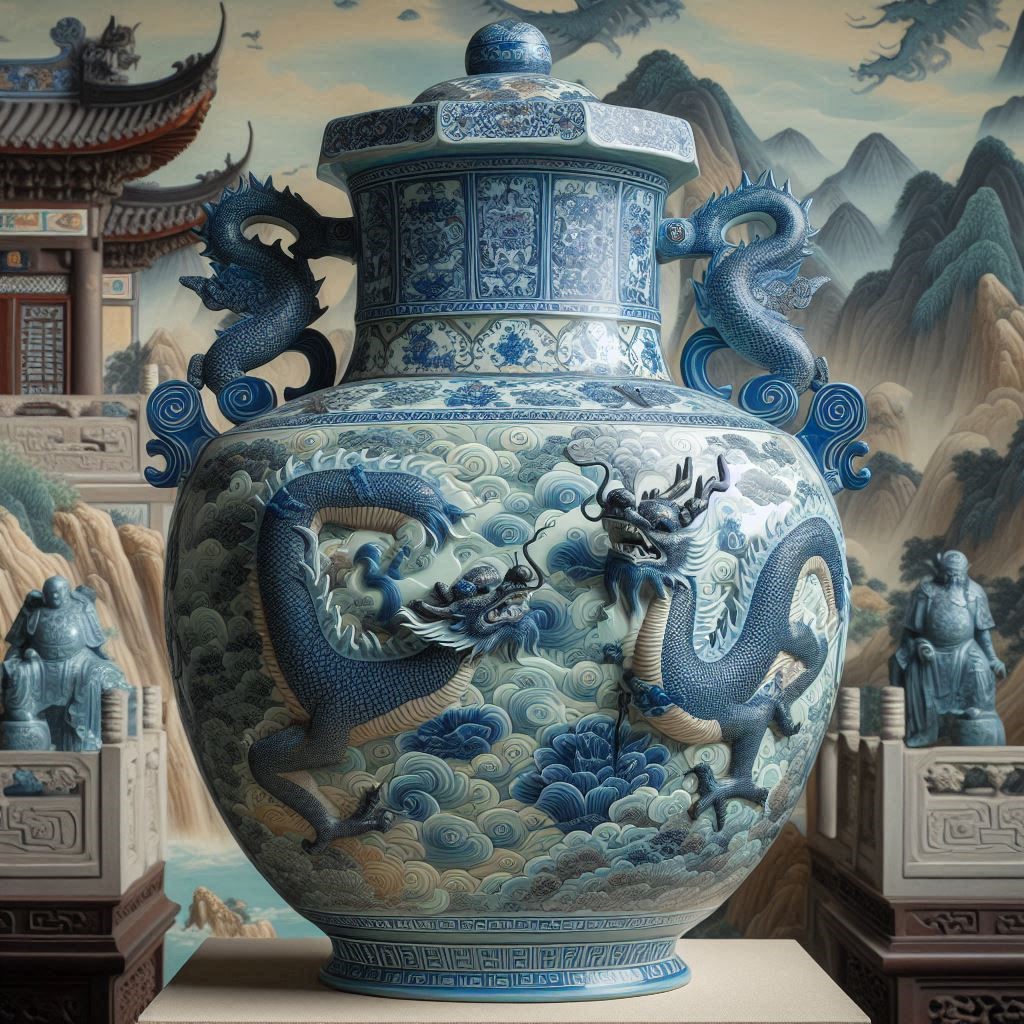 chinese blue and celadon 18thvase kylin handles